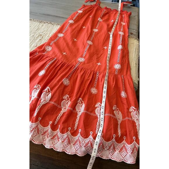 Joie Cleta Red White Salsa Embroidered Parrot Cotton Eyelet Maxi Dress Sz L - Picture 9 of 11